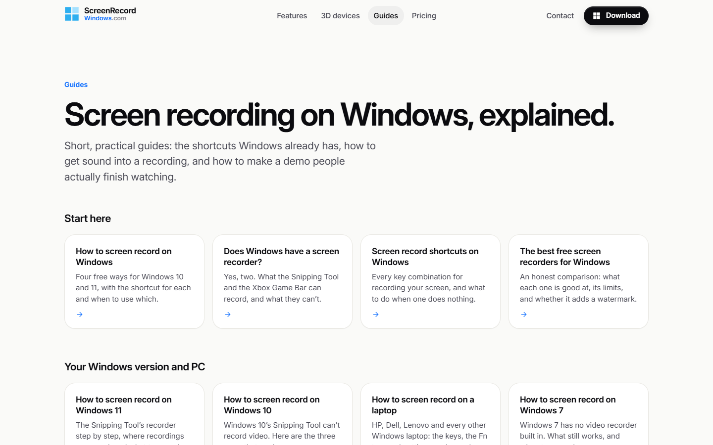 Skjermbilde av screenrecordwindows.com/guides: ScreenRecordWindows.com har egne guider til opptak i Windows 10 og 11, hurtigtaster og hvordan du får med lyd.