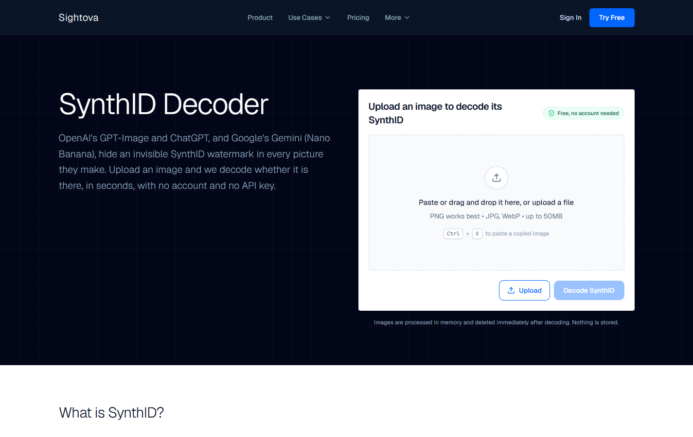 Skjermbilde av sightova.com/synthid-decoder: Sightovas gratis SynthID-sjekk ser etter de usynlige vannmerkene fra OpenAI og Google – uten at du trenger konto.