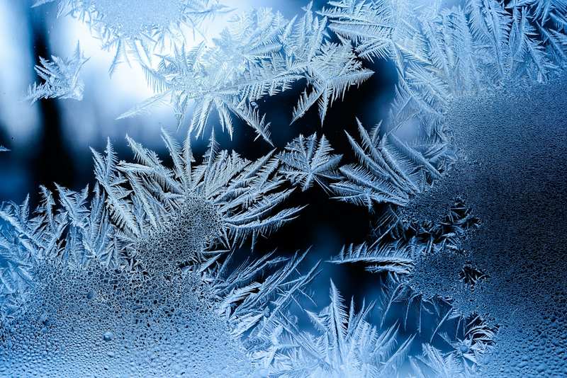Fingrenede isblomster og frostmønster dekker en vindusrute i blåtoner