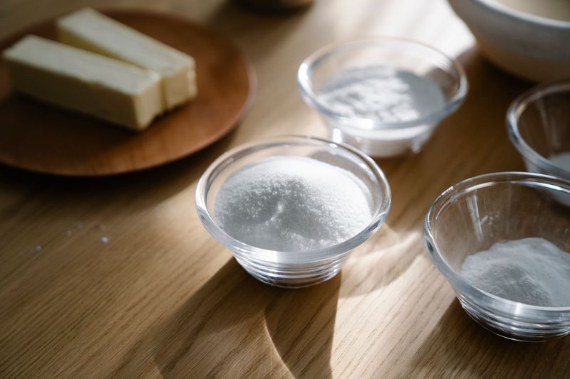 Flere glasskåler med hvitt pulver på et solfylt trebord